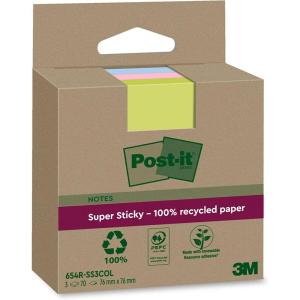 Post-it Notes Autocollantes Super Sticky, Recyclés, Pack de 3 Blocs, 70 Feuilles par Bloc, 76 mm x 76 mm, Rose, Vert, Bleu – Notes Autocollantes Fabriquées à partir de Papier 100% Recyclé(coloris assortis)
